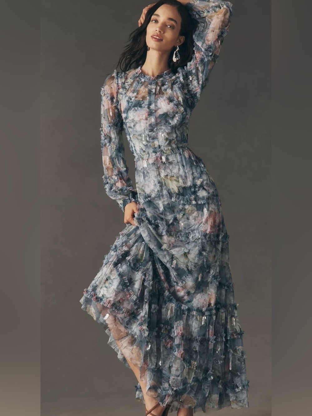 NEW Mac Duggal Floral Long Sleeve High Neck Ruffle Detail Gown